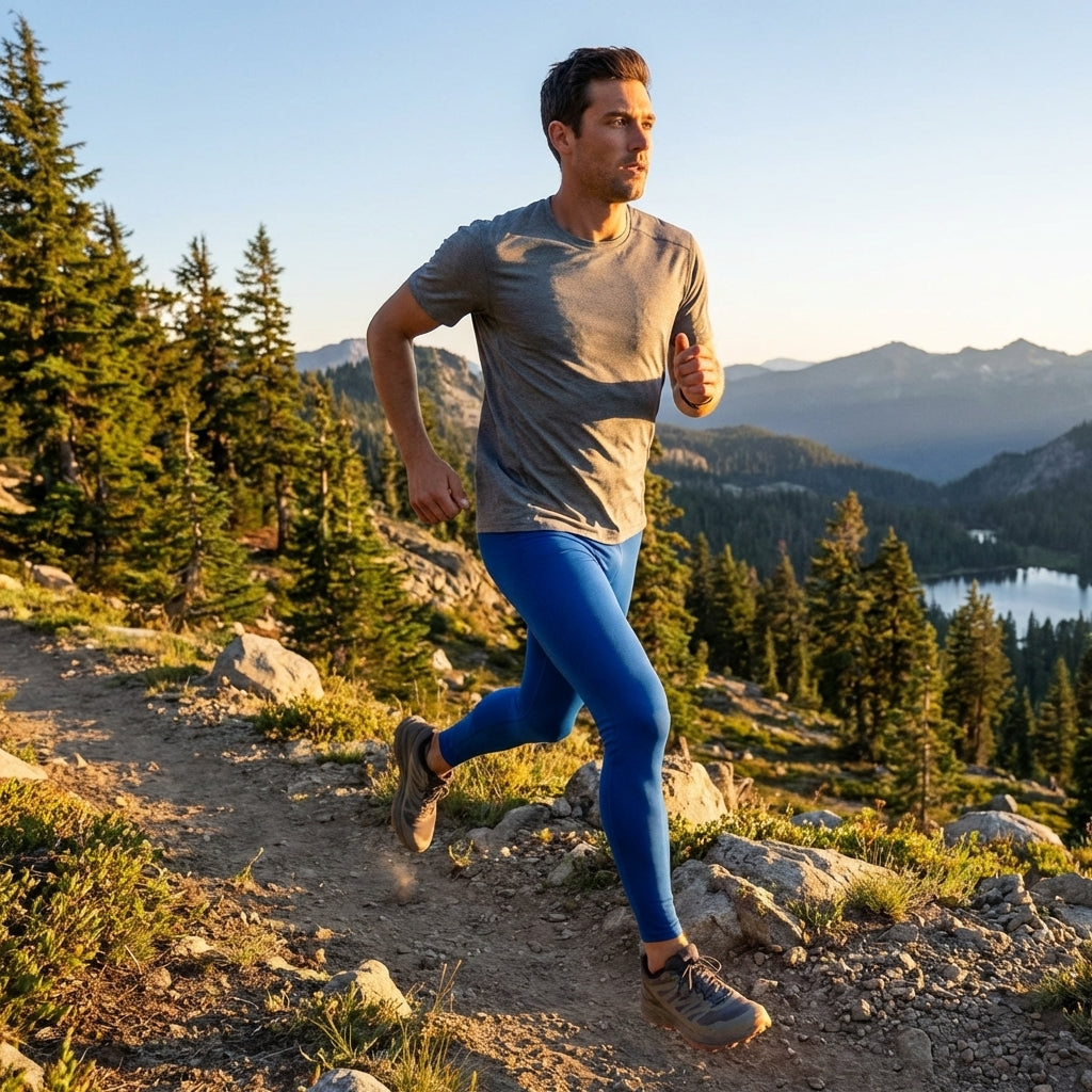Men's compression base layer leggings in black, royal blue, and navy blue