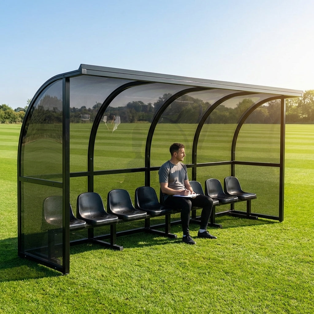Fixed team shelter with aluminium frame and polycarbonate panels for sports