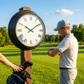 Customisable outdoor clock with black frame for golf clubhouses