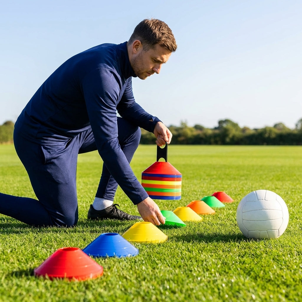 Colourful training marker cones for sports fields
