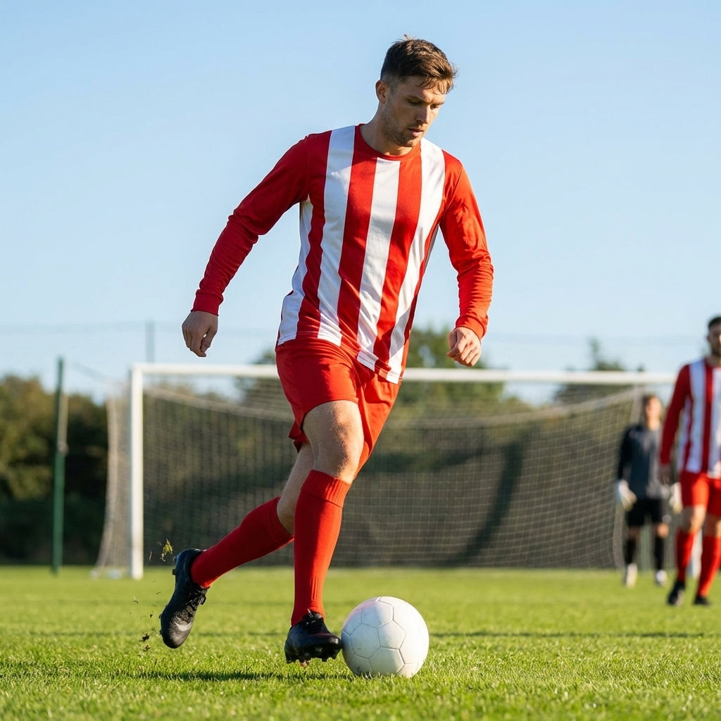 Men's Striped Football Kit with long-sleeve top, shorts, and socks