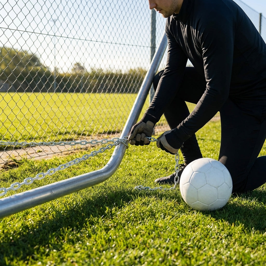 Galvanised steel goal anchor chains securing sports goals