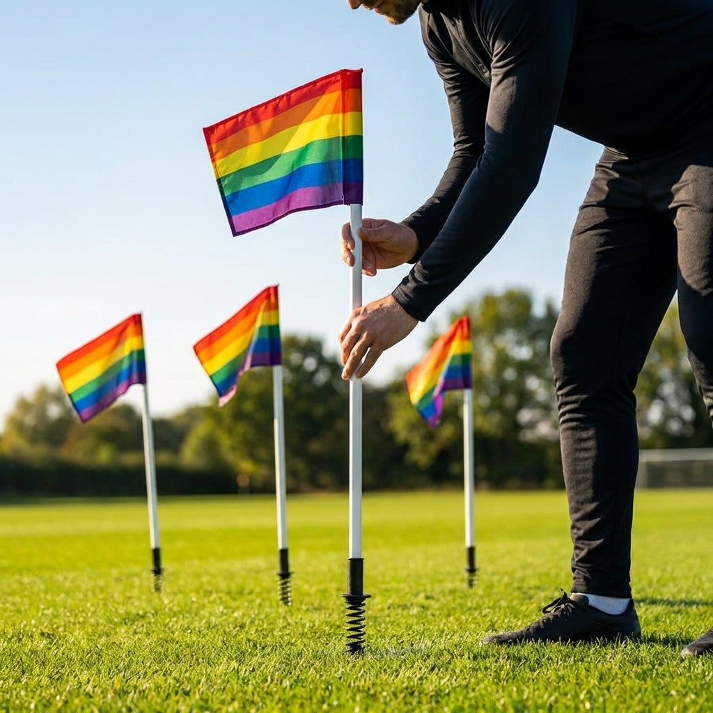 Spring-loaded football corner flags in various colours with weatherproof PVC poles