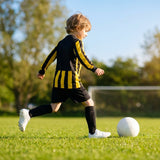 Kids' football kit with striped long sleeve shirt, shorts, and knee-high socks