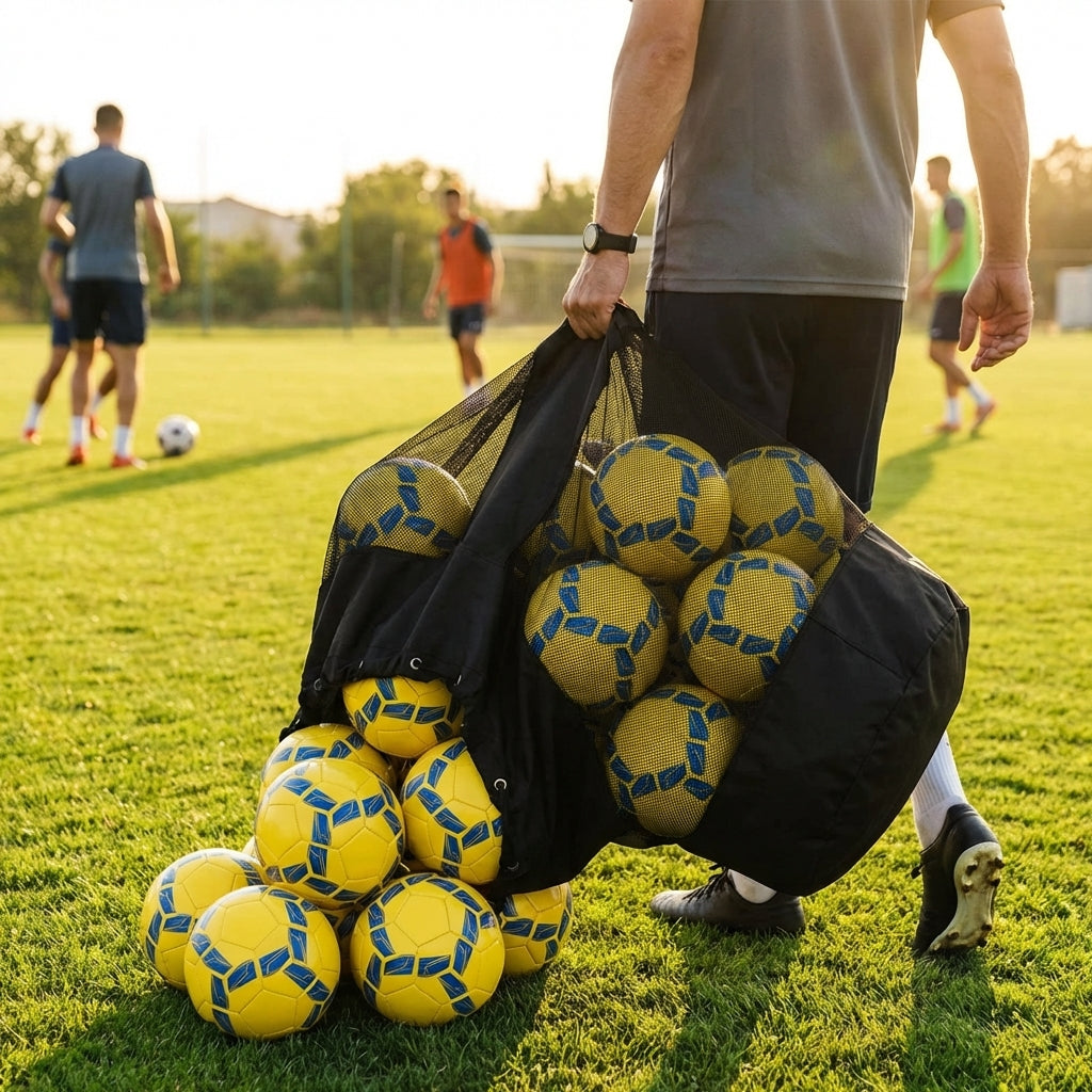 Football carry bag with 12 footballs, durable mesh