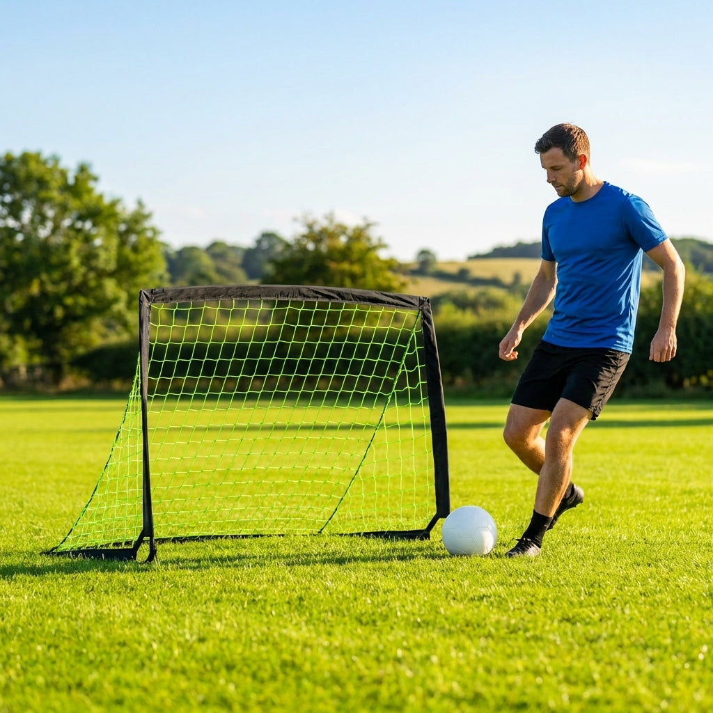 Folding football goal with aluminium frame and high-impact net
