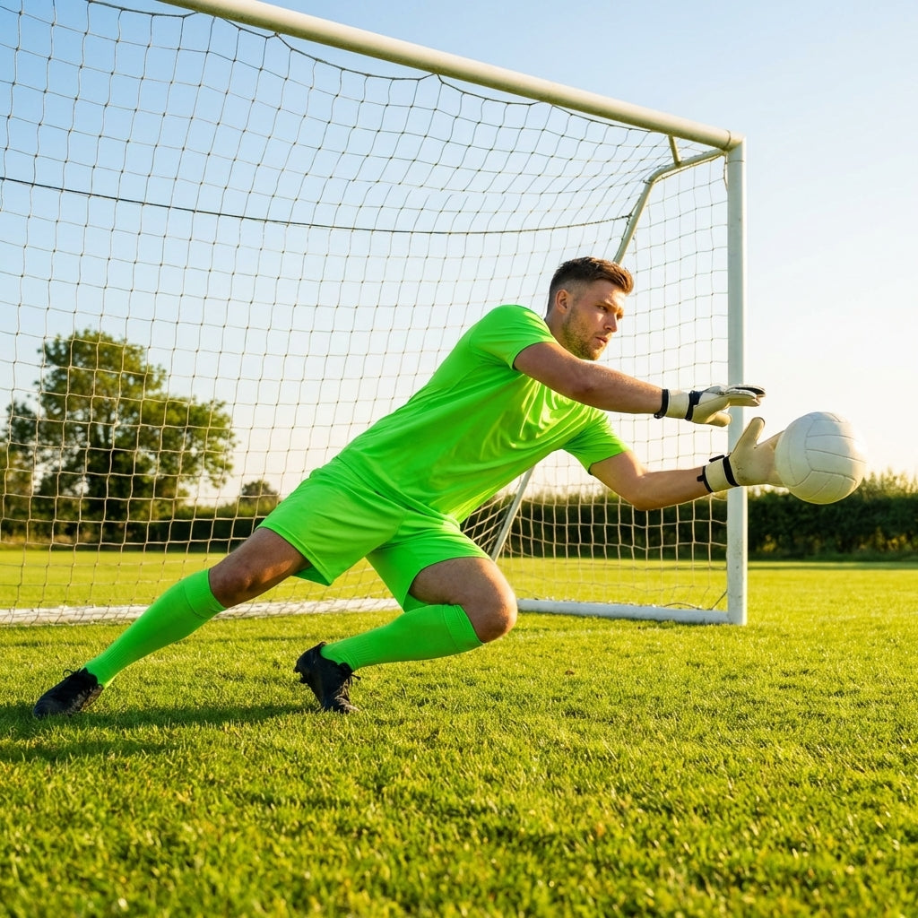 Men's Goalkeeper Kit in vibrant colours, including top, shorts, and socks.