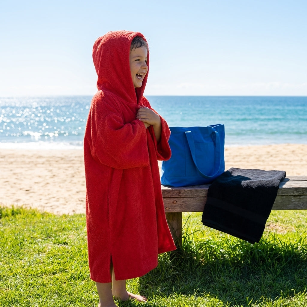 Cotton Towel Poncho in Red, Aqua Blue, and Black for Beach and Pool Use