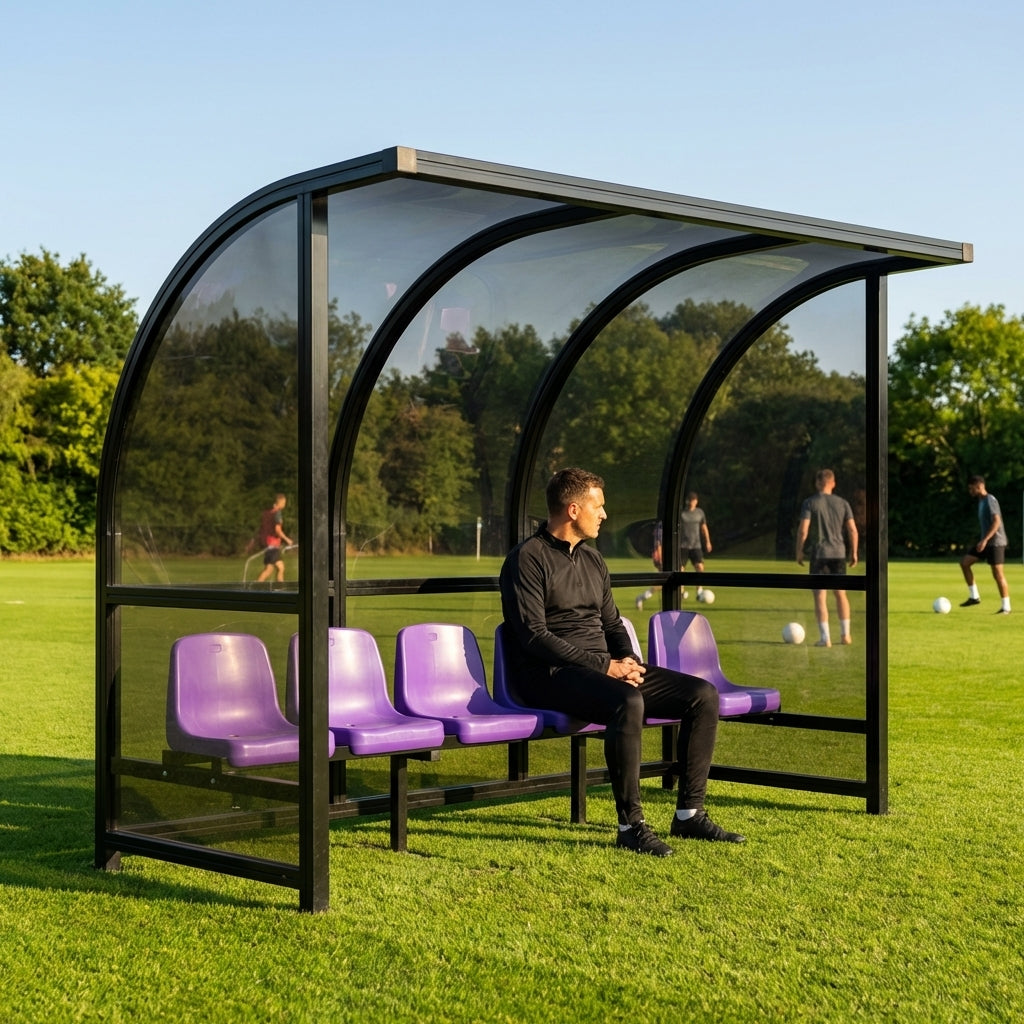 Fixed team shelter with aluminium frame and polycarbonate panels for sports