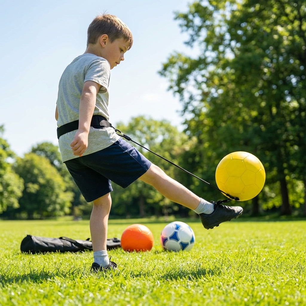 Football kick trainer with adjustable neoprene belt and training ball