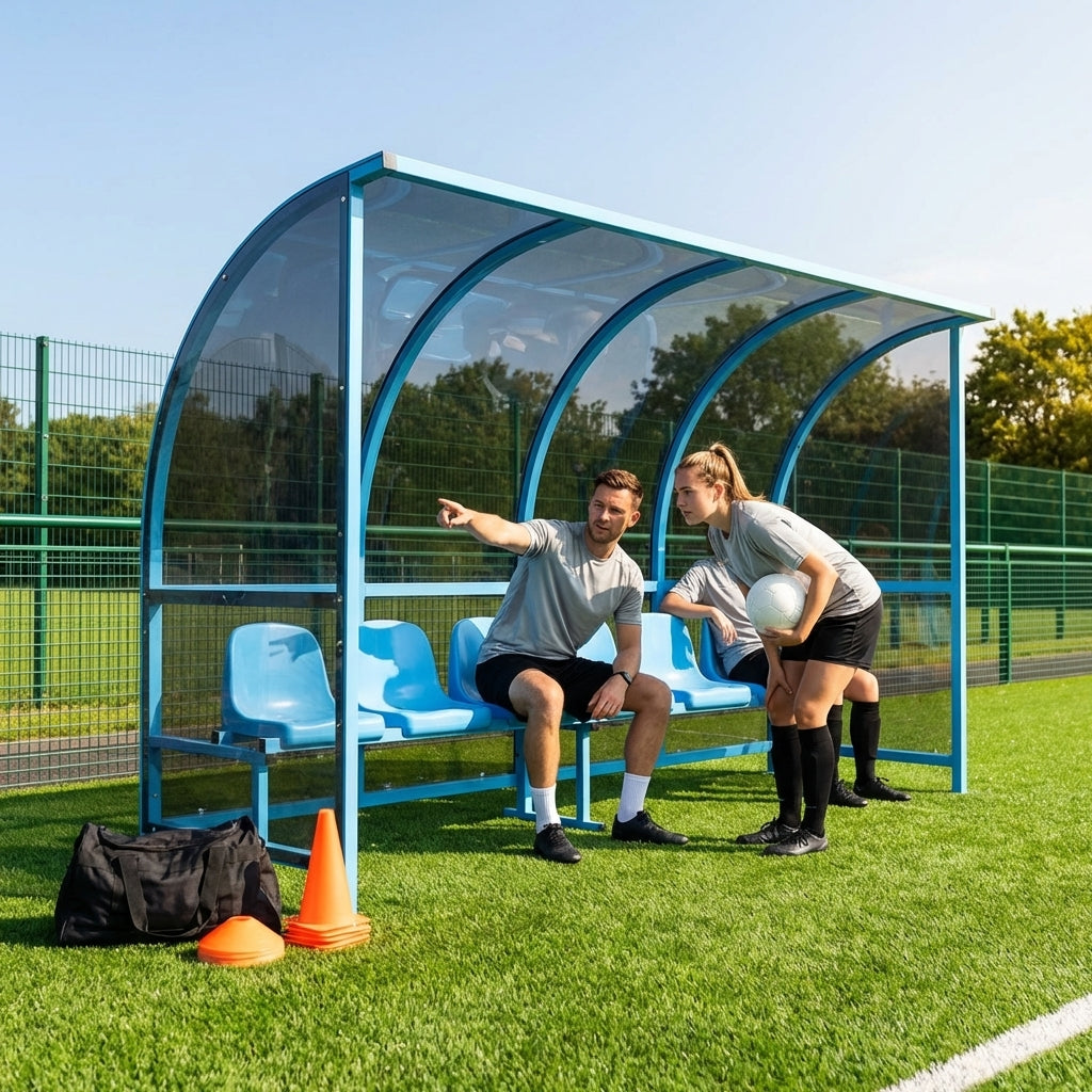 Fixed team shelter with aluminium frame and polycarbonate panels for sports