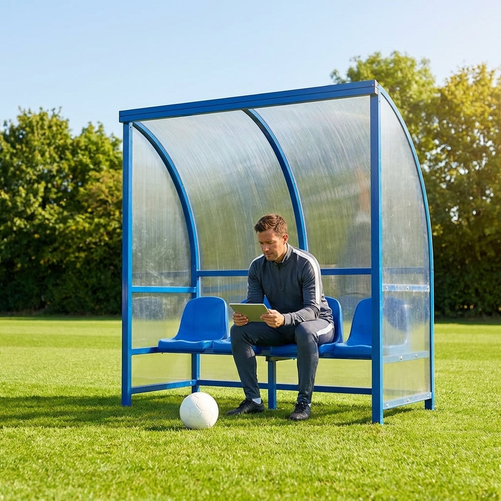 Heavy duty aluminium team shelter with moulded seats