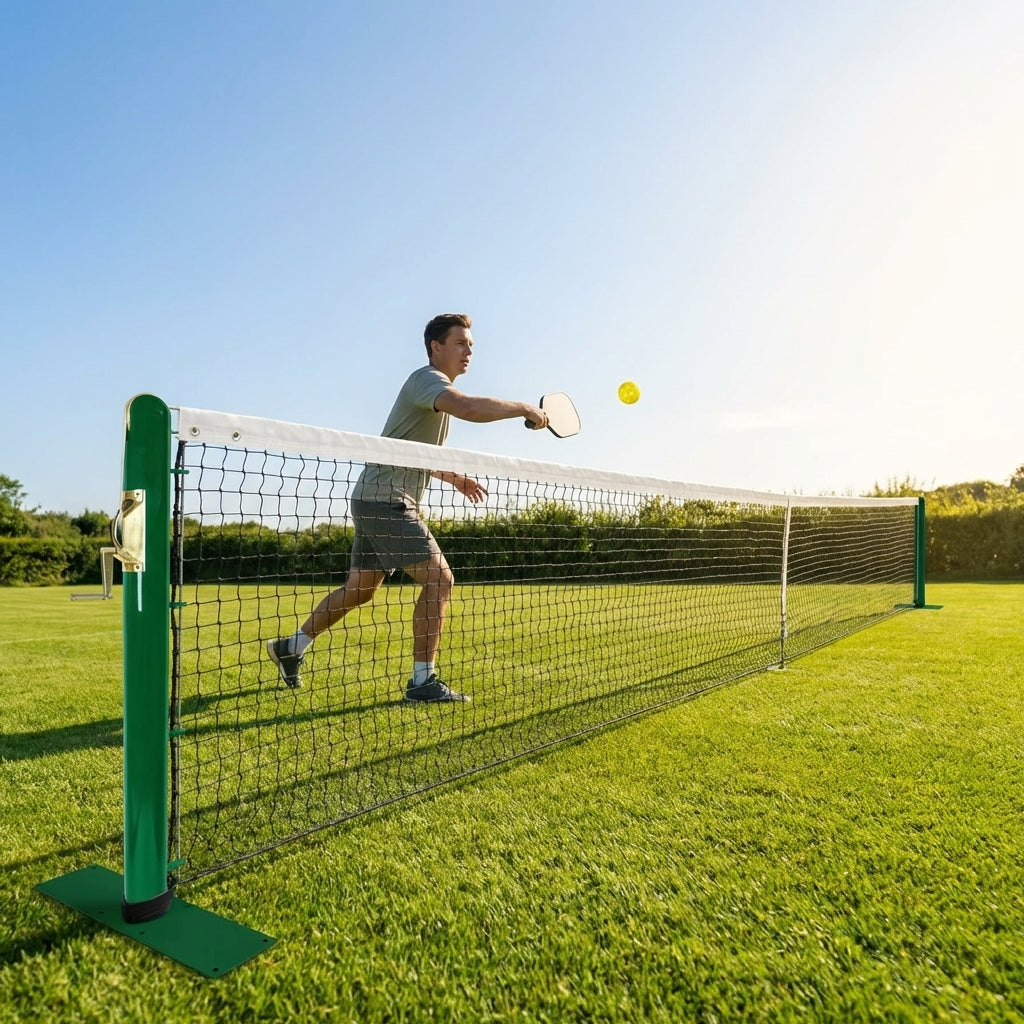 Pickleball posts with base plates in blue, black, and green for club use