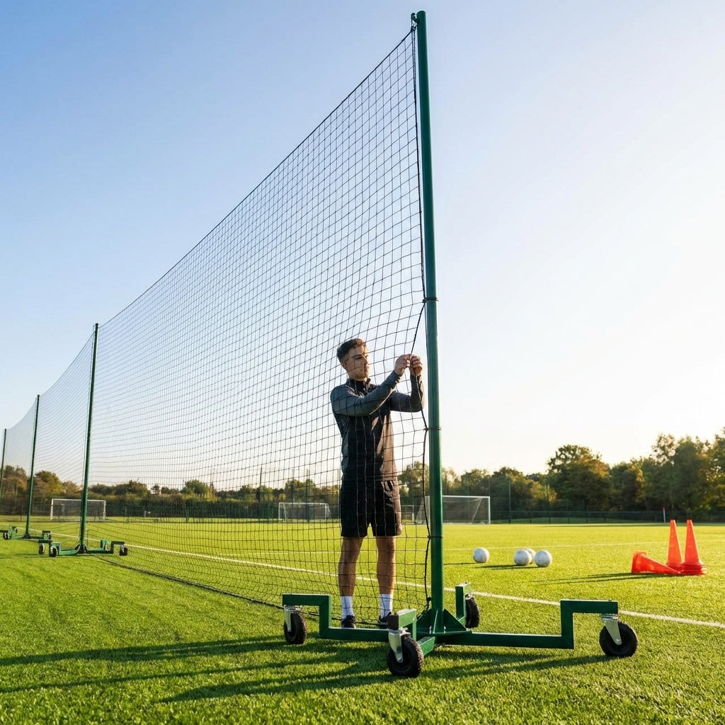 Mobile ball stop netting system with aluminium and steel components for sports grounds