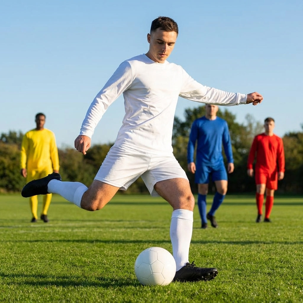 Men's football kit in various colours, including long-sleeve shirt, shorts, and socks
