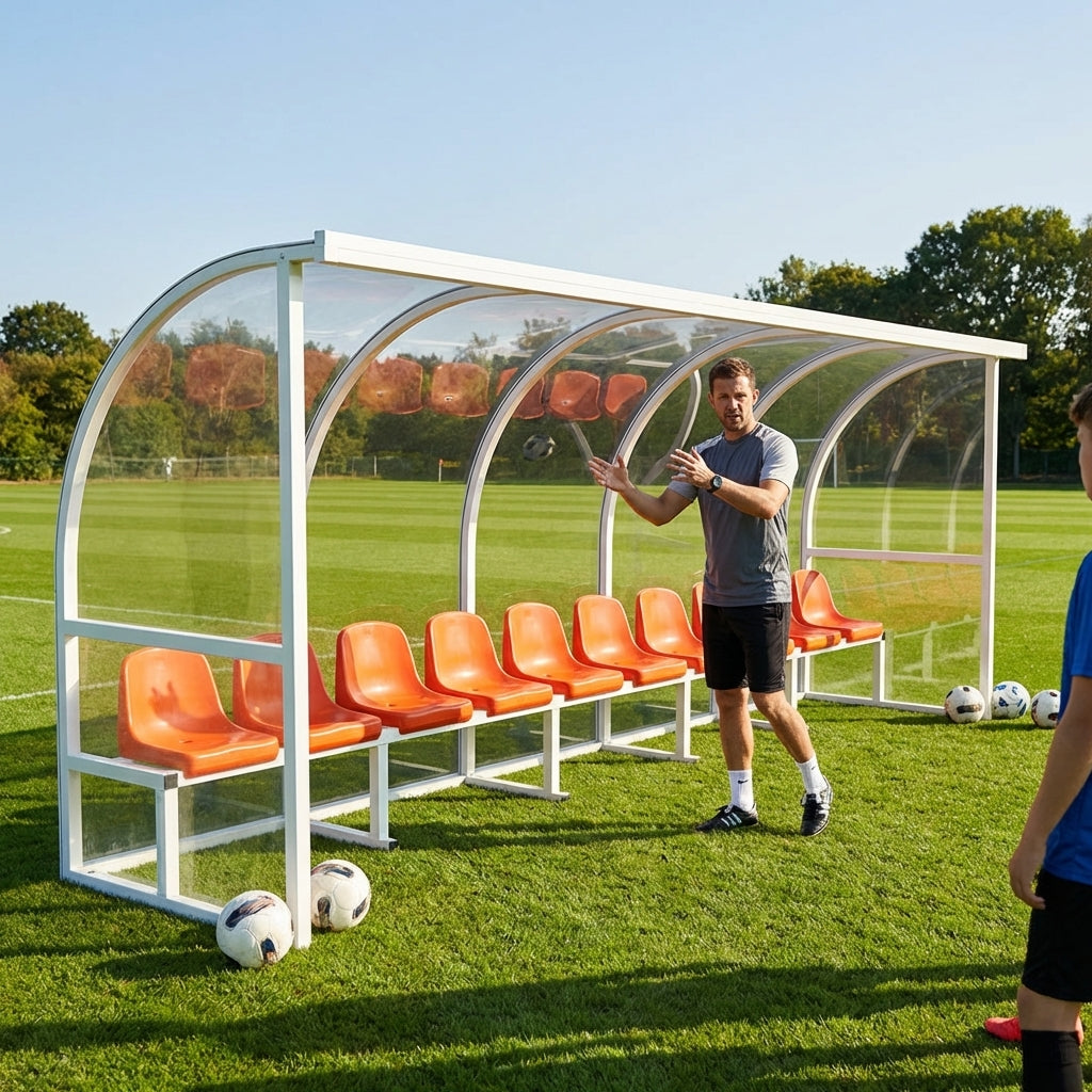 Heavy duty aluminium team shelter with moulded seats