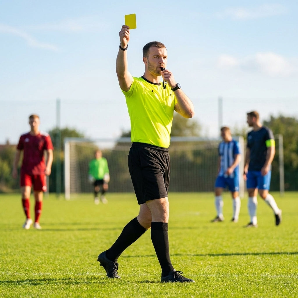 Football referee kit with fluro yellow or black shirt, shorts, and socks