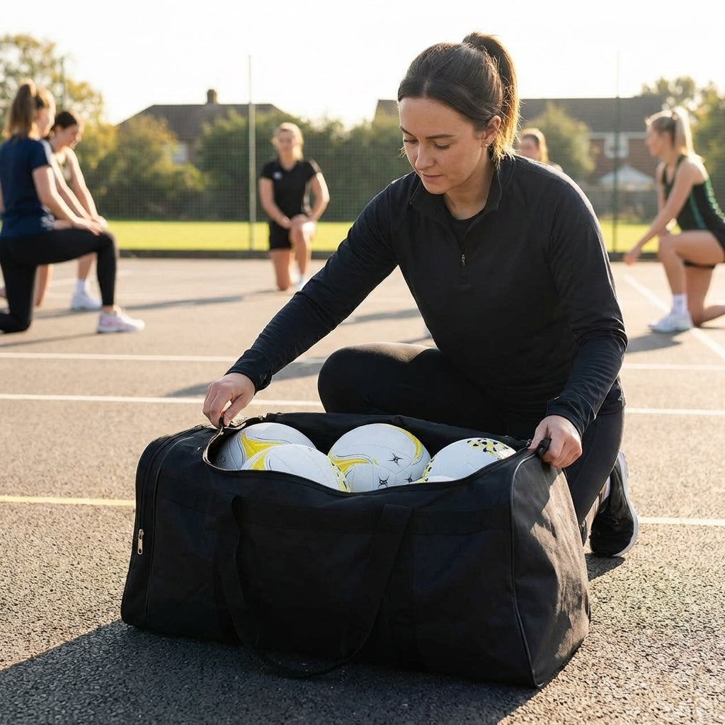 Netball carry bag with 12 netballs, mesh design for easy transport