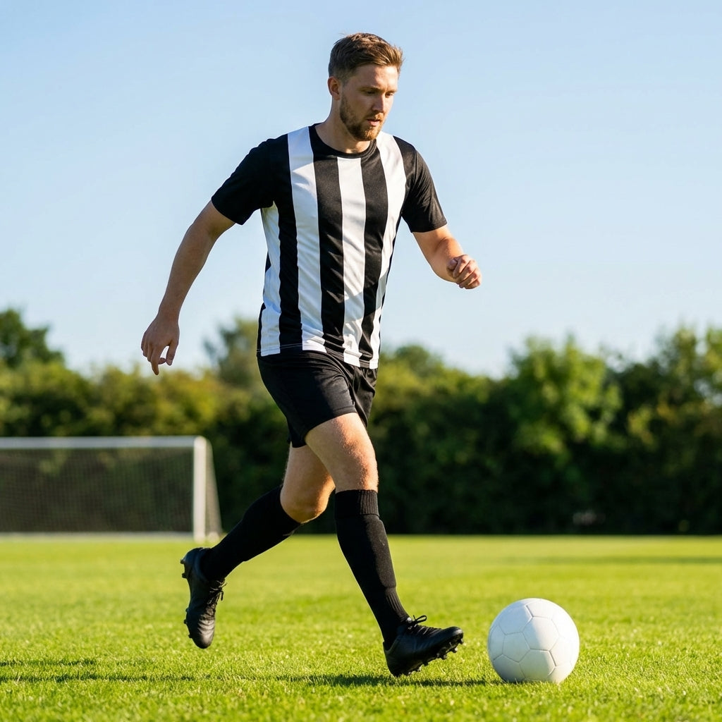 Men's striped football kit with shirt, shorts, and socks