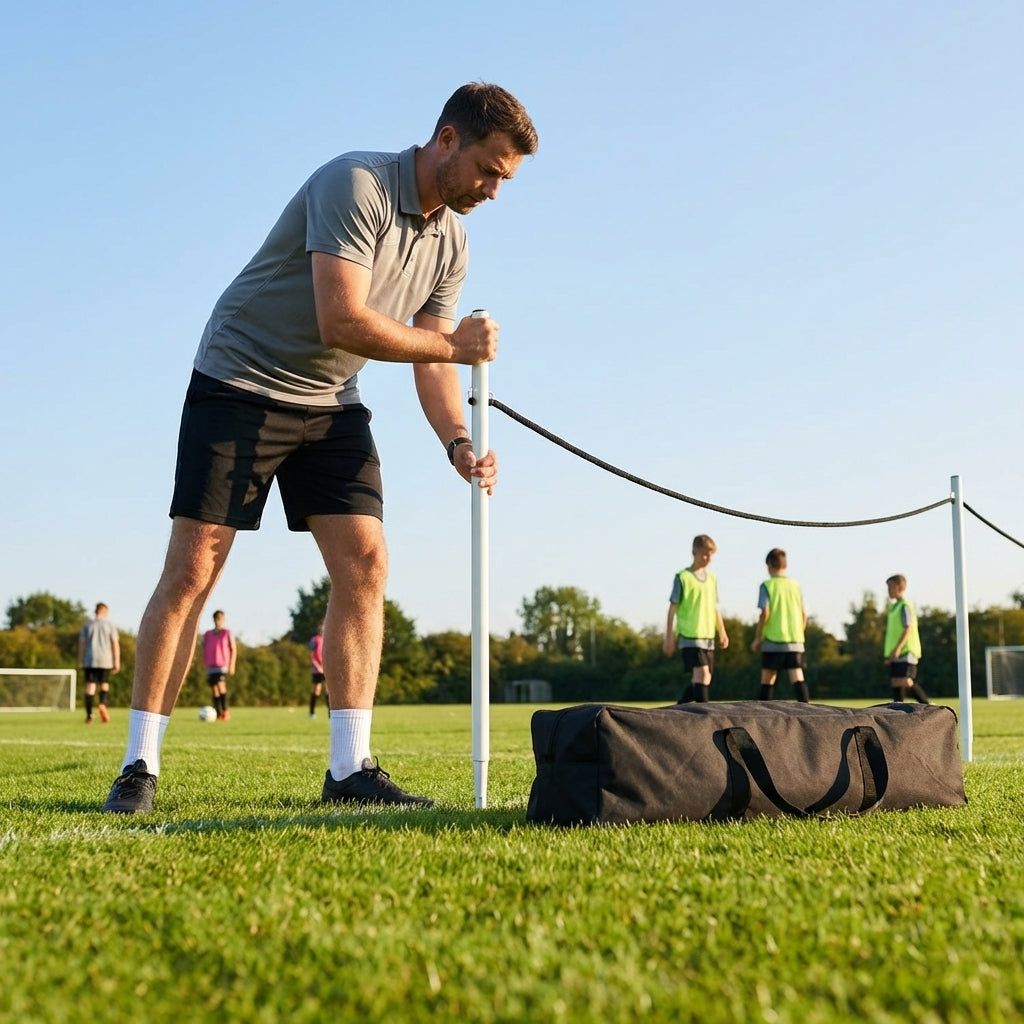 Football crowd control barrier with PVC poles for outdoor use