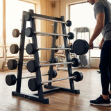 Steel barbell rack set for gym use, featuring a heavy-duty frame.