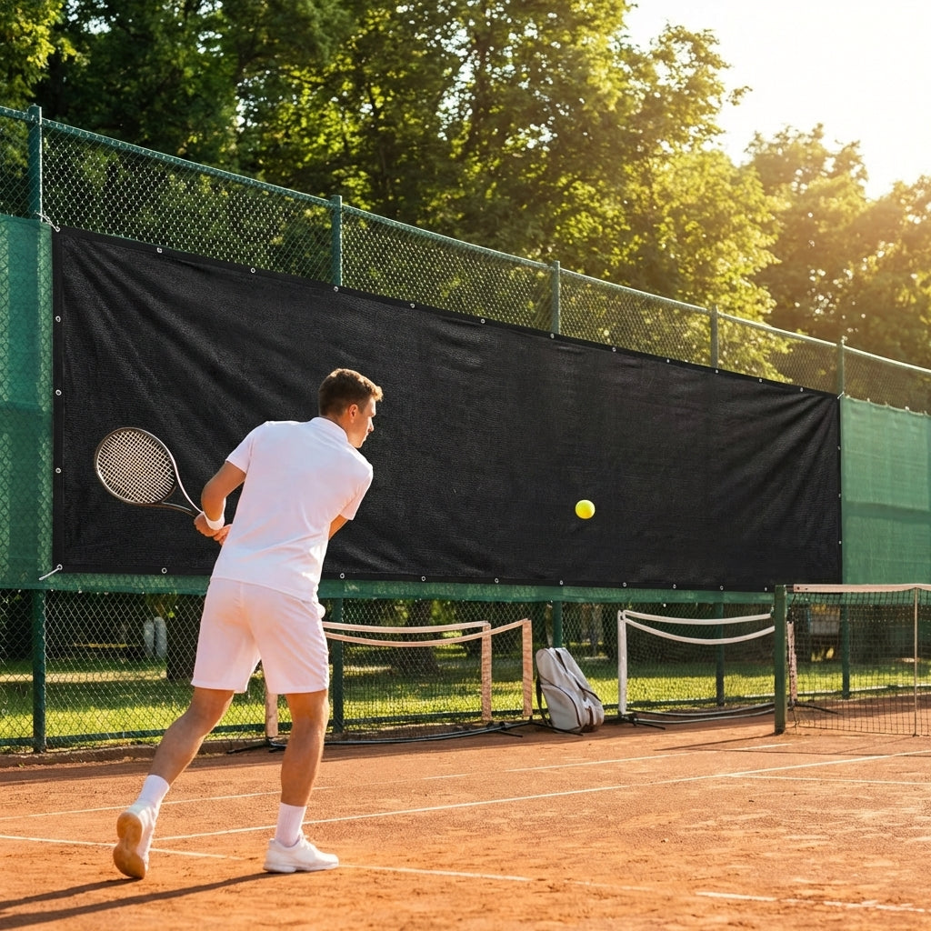 Green Tennis Court Windbreaks on an outdoor tennis court