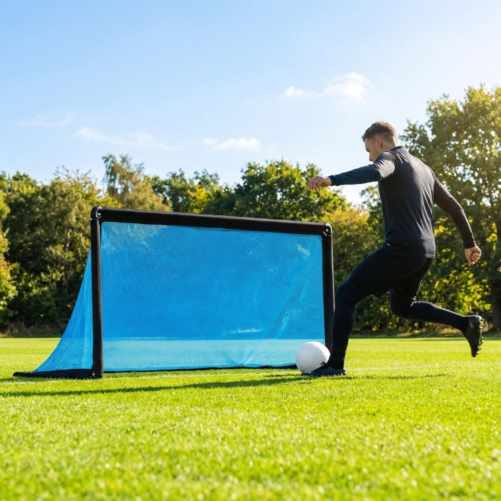 Folding football goal with aluminium frame and high-impact net