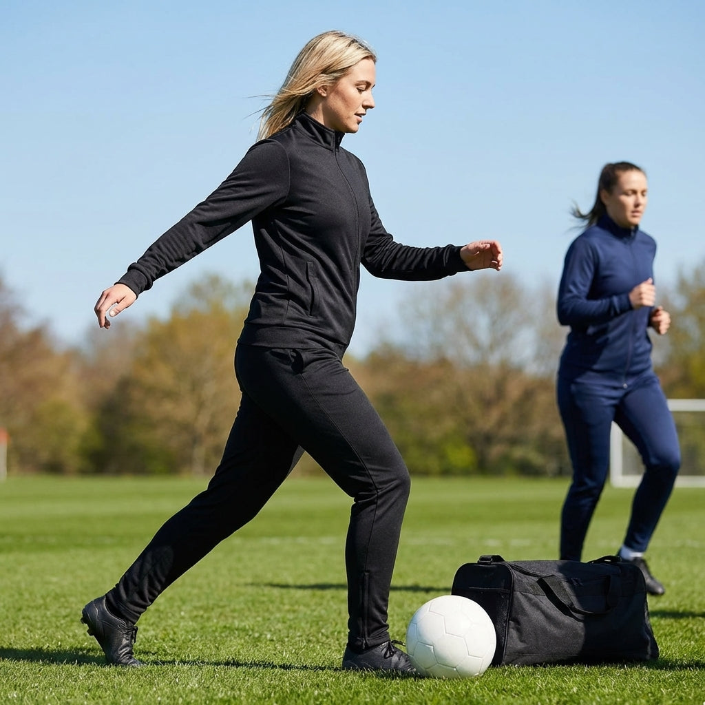 Polyester Women's Tracksuit Set in Black or Navy Blue with full zip jacket and tapered bottoms