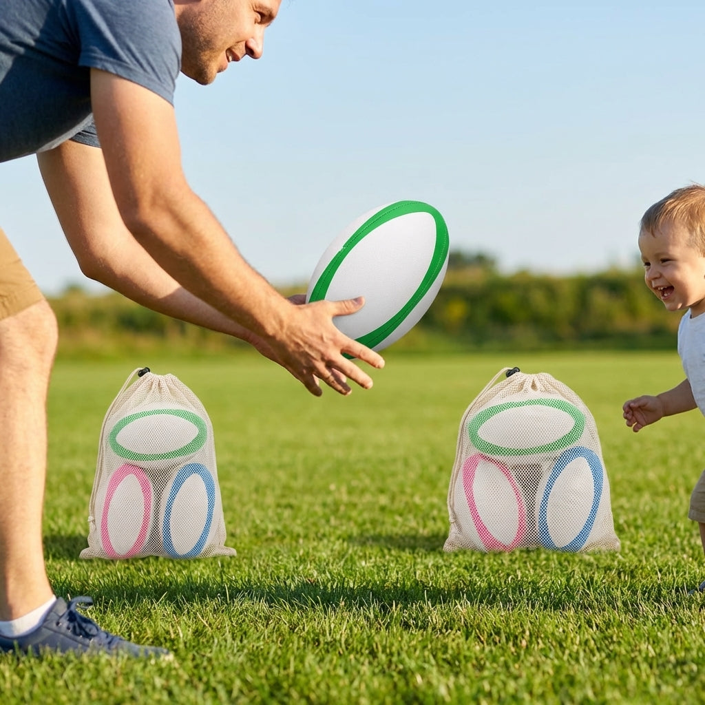 Mini Rugby Balls in Size 2, perfect for junior training, available in Blue, Green, and Pink