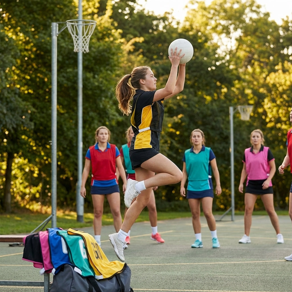 Reversible netball bibs in various colours and sizes for sports teams