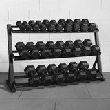 Hex dumbbells with rubber ends and chrome handles