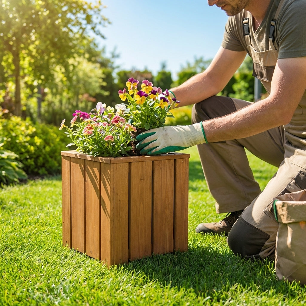 Wooden garden planters in small and large sizes, made from pressure-treated wood for outdoor use.