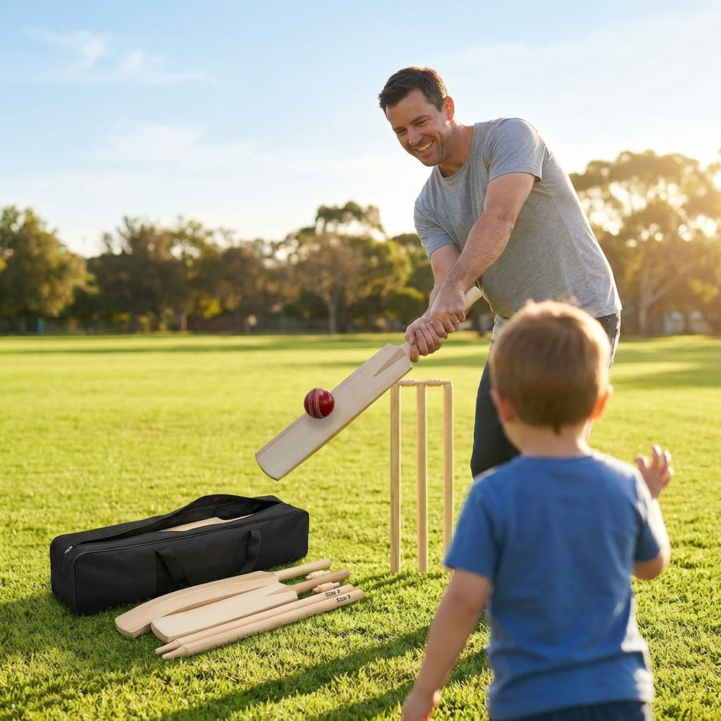 Wooden Cricket Set – Size 3, 4, 5 – Kashmir Willow – Garden & Beach Play