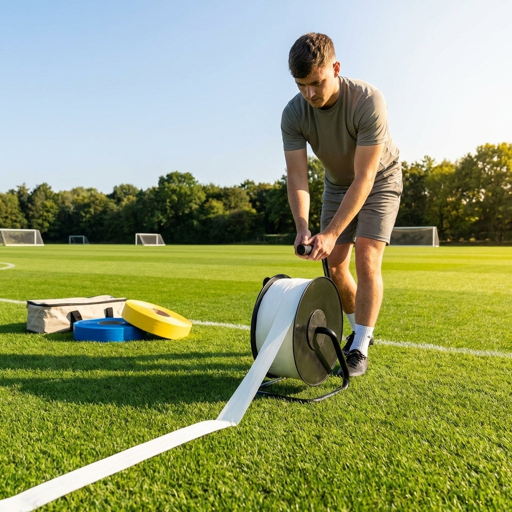 Elastic line marking tape in white, yellow, and blue for sports pitches
