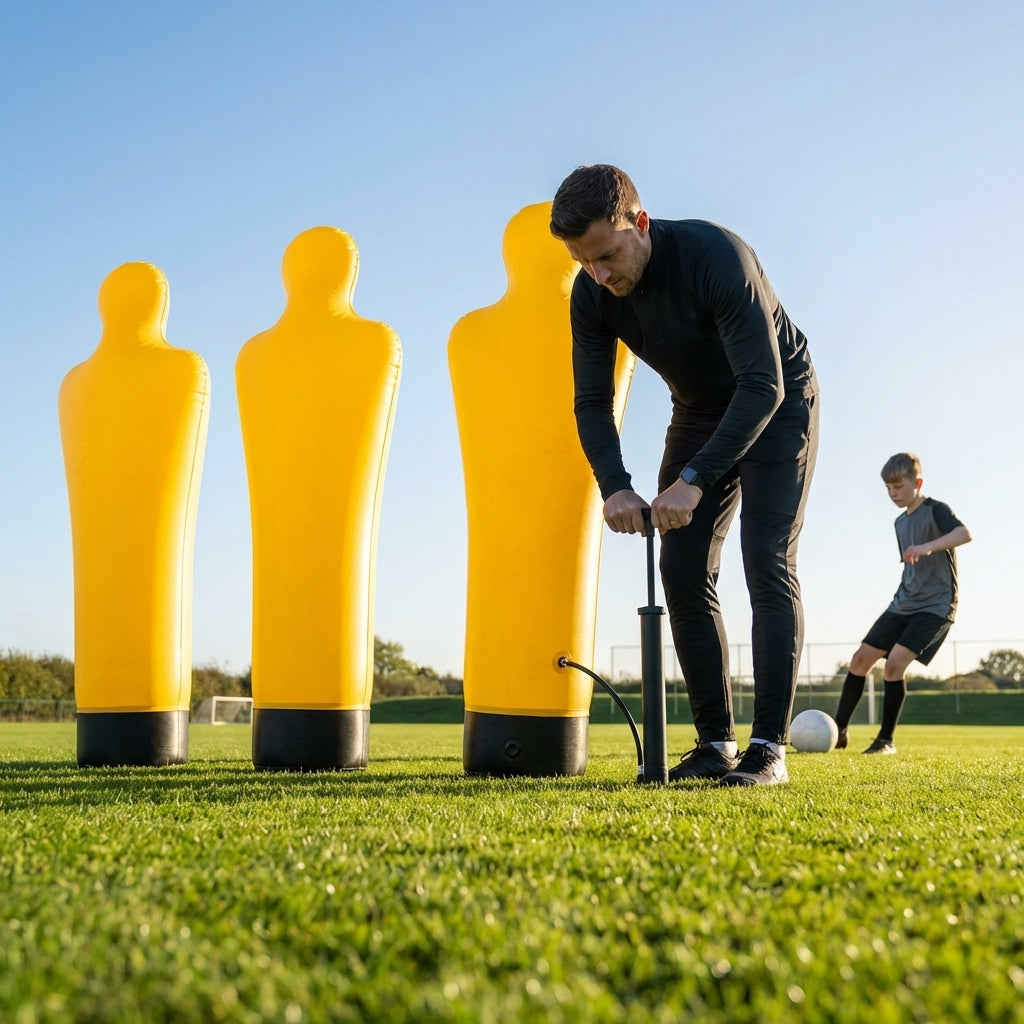 Inflatable football mannequins available in multiple sizes for training use
