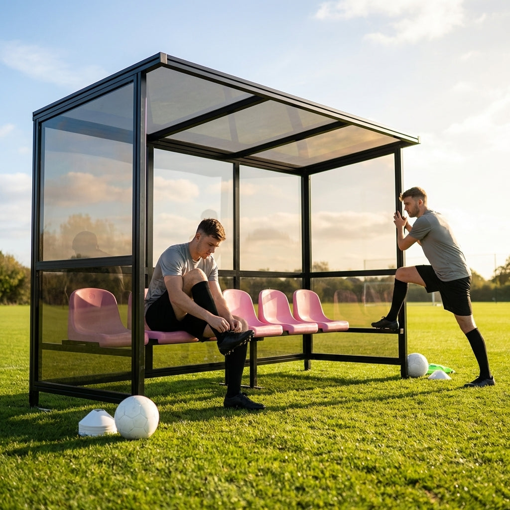 Fixed team shelter with aluminium frame and polycarbonate panels for sports
