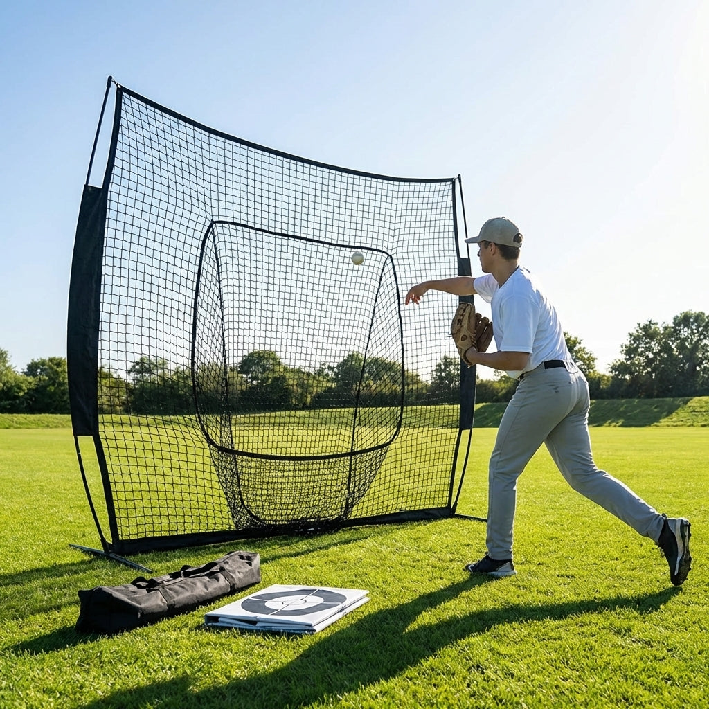 Baseball backstop net in use during outdoor practice