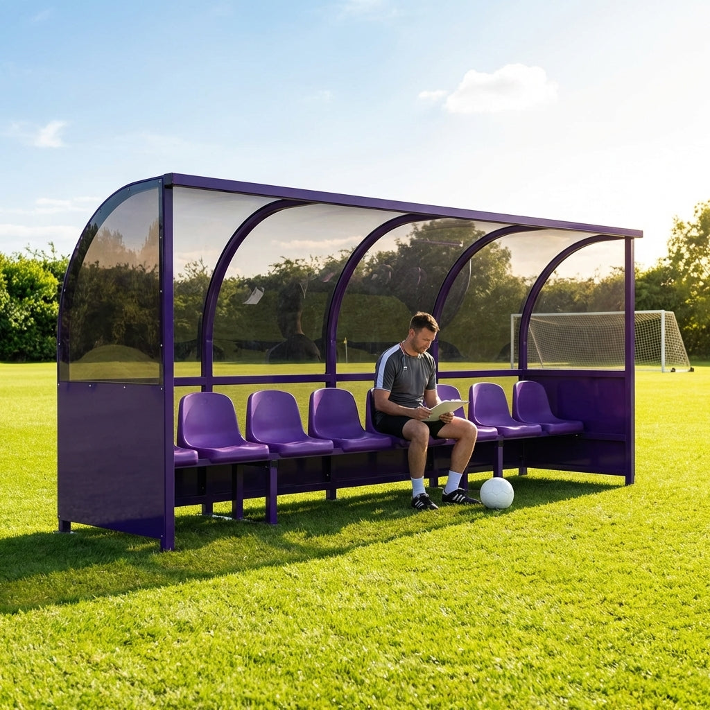 Fixed team shelter with aluminium frame and polycarbonate panels for sports