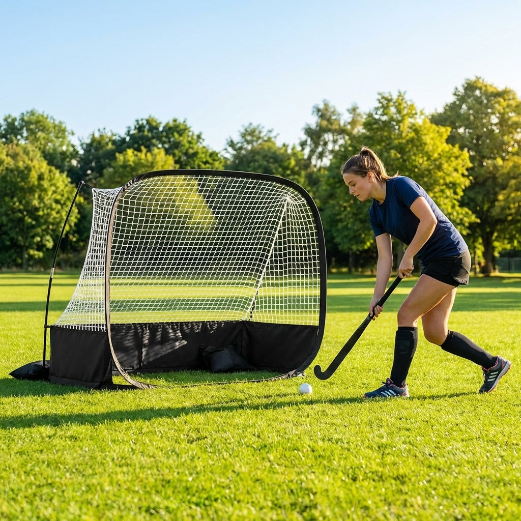 Pop up hockey goals with durable steel frame for indoor and outdoor use