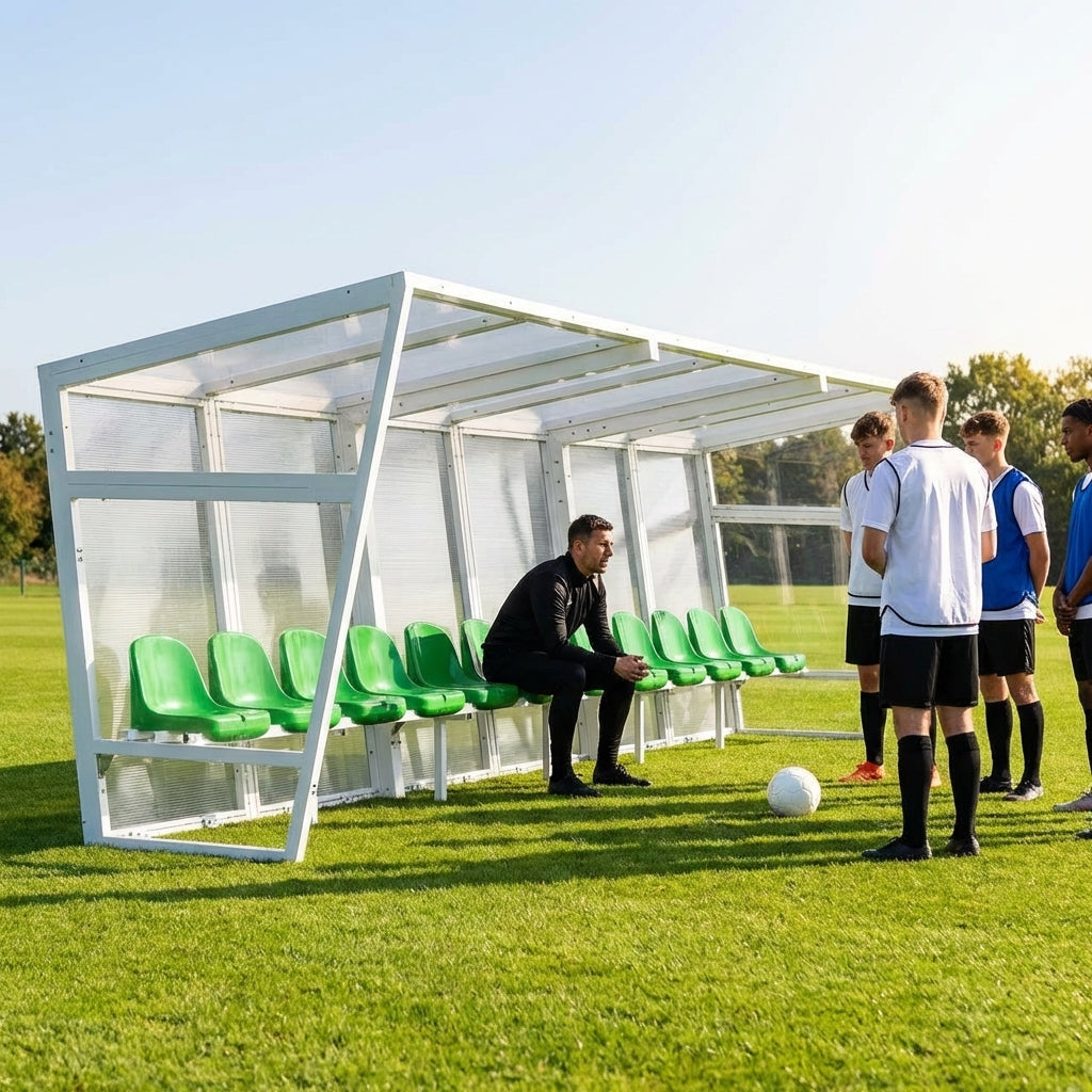 Heavy duty aluminium team shelter with moulded seats