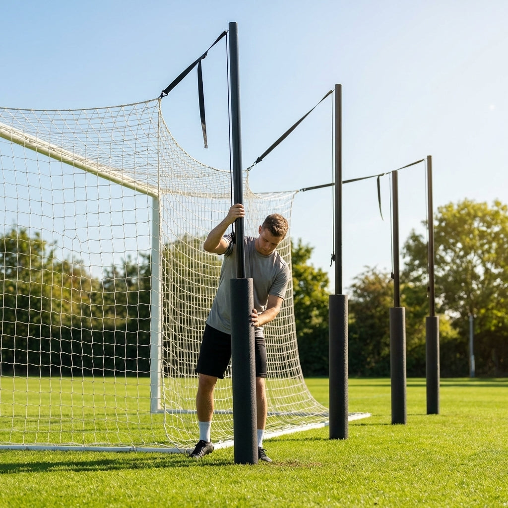 Steel net support stanchions for stadium football goals