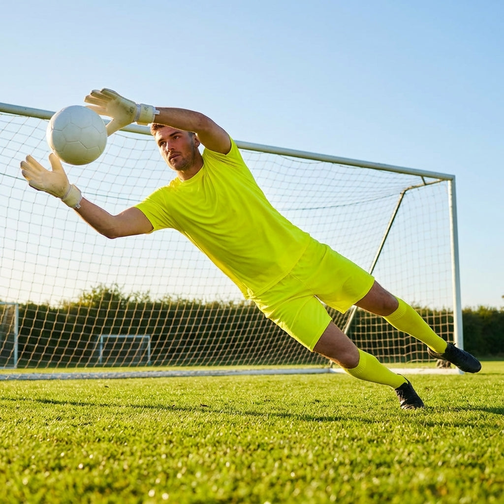 Men's Goalkeeper Kit in vibrant colours, including top, shorts, and socks.
