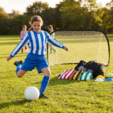 Kids' football kit with striped long sleeve shirt, shorts, and knee-high socks