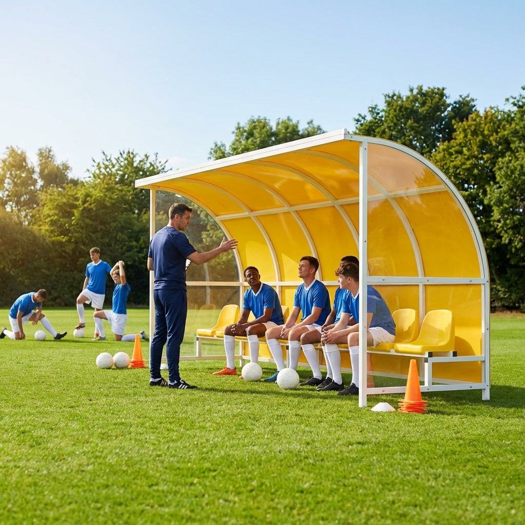 Heavy duty aluminium team shelter with moulded seats