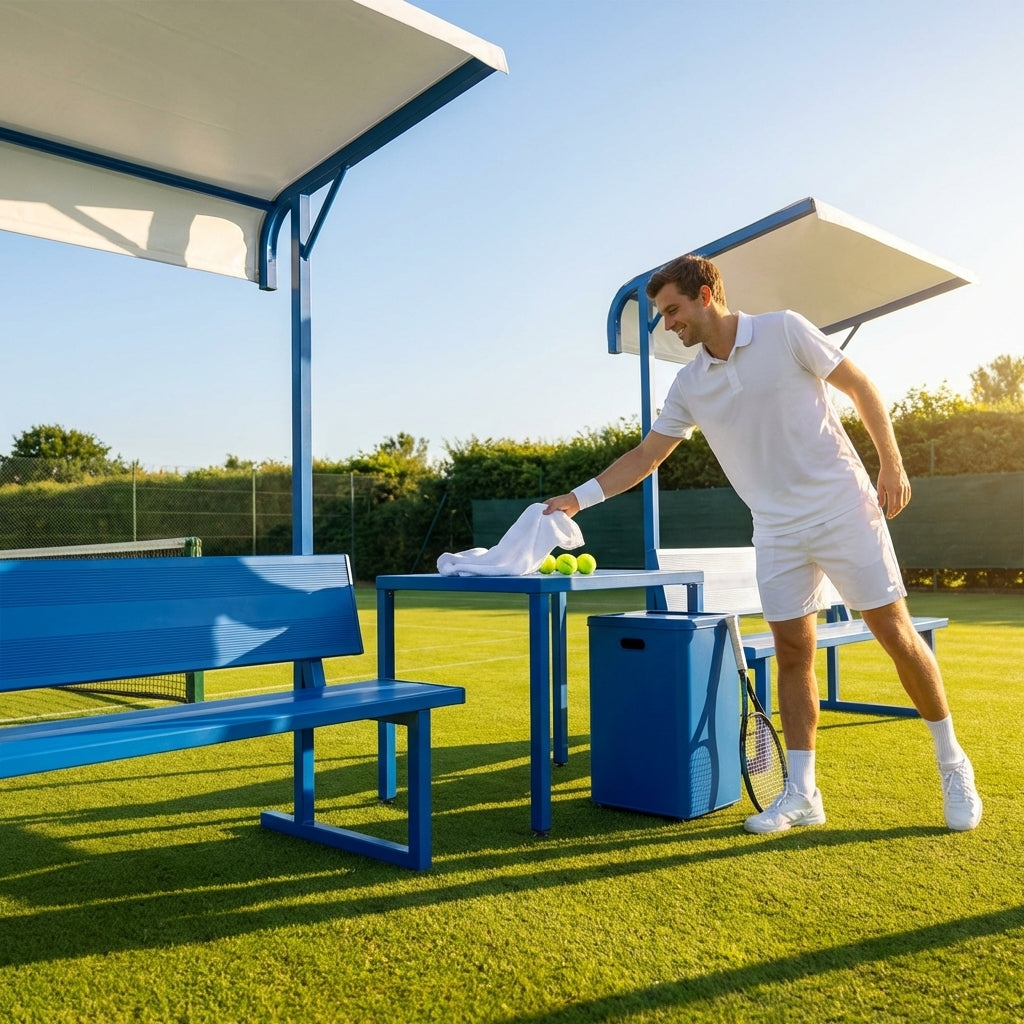 Aluminium tennis court bench in green for tournament use