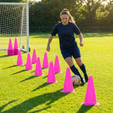 Set of vibrant football training cones in various sizes and colours
