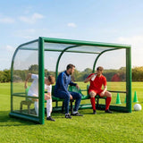 Fixed team shelter with aluminium frame and polycarbonate panels for sports