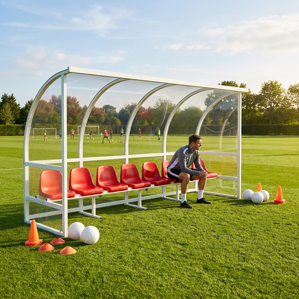 Heavy duty aluminium team shelter with moulded seats