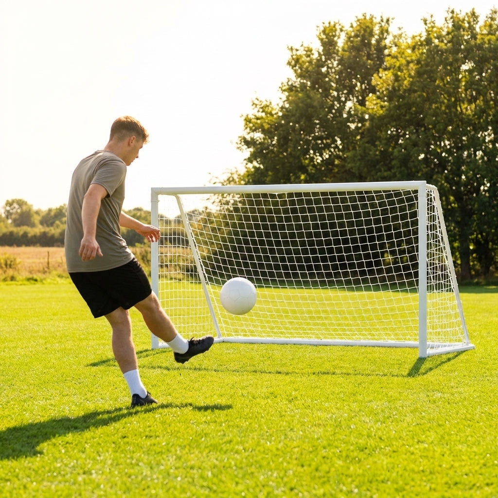 Folding football goal with aluminium frame and high-impact net