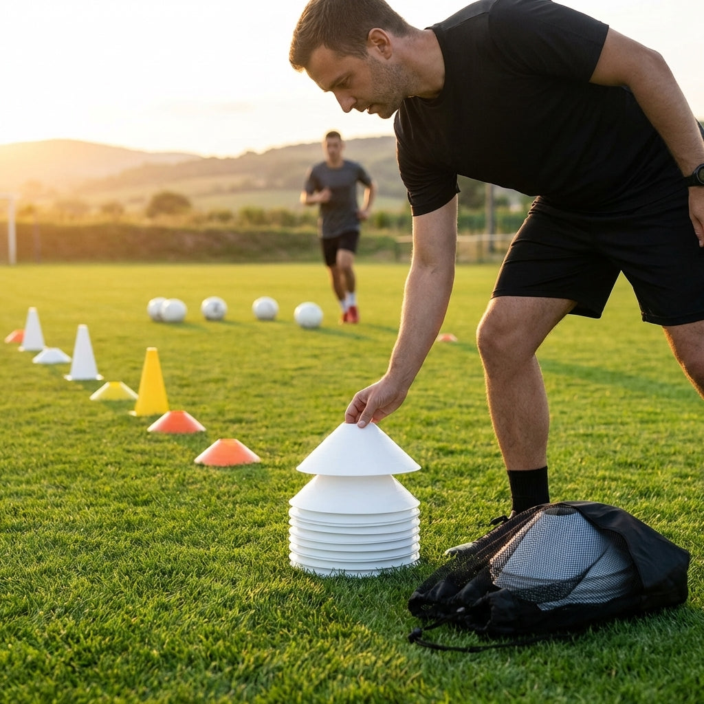 Set of vibrant football training cones in various sizes and colours